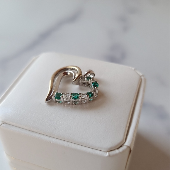 925 10K Gold White Spinal Green CZ Open Heart Pendant - Picture 3 of 10